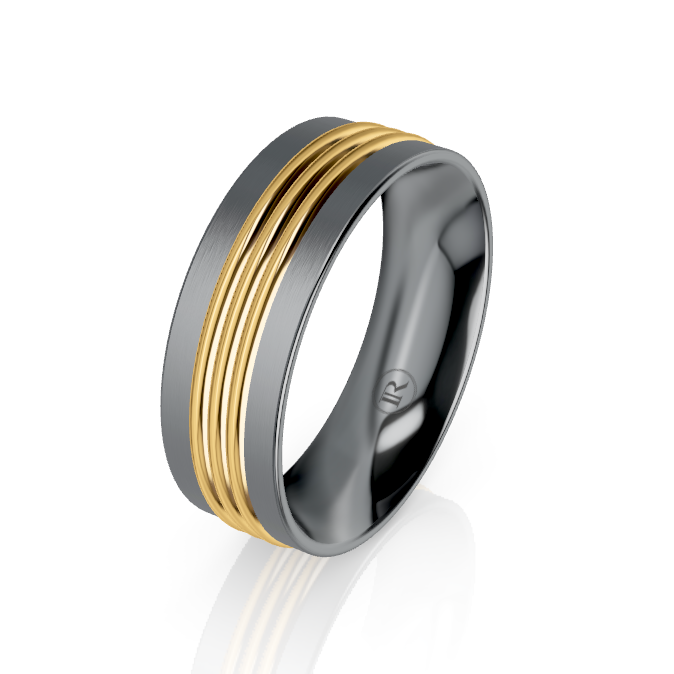Tantalum and Centered Triple Groove Gold Wedding Ring