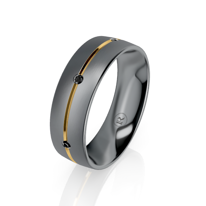 Tantalum & Yellow Gold Striped Wedding Ring with Black Diamonds