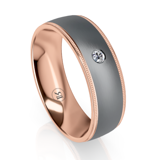 Tantalum and Gold Inner Sleeve Diamond & Milgrain Edged Wedding Ring