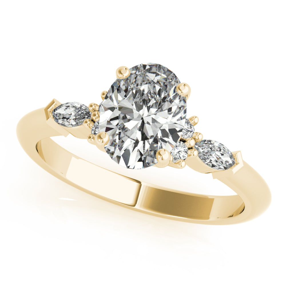 An oval diamond engagement ring setting with round and marquise side diamonds in a yellow gold band sydney