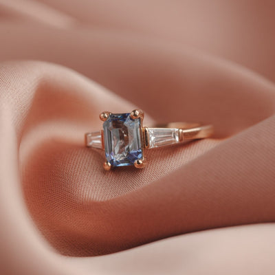 Grace Blue Ceylon Emerald Cut Sapphire and Lab Diamond Ring