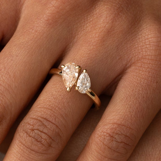 Lara Toi et Moi 1 ct Pear Champagne and 0.44 ct Pear Lab Diamond Ring