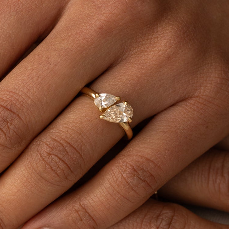 Lara Toi et Moi 1 ct Pear Champagne and 0.44 ct Pear Lab Diamond Ring