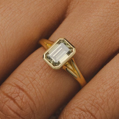 Split Shank Green Emerald Lab Grown Diamond Bezel Engagement Ring