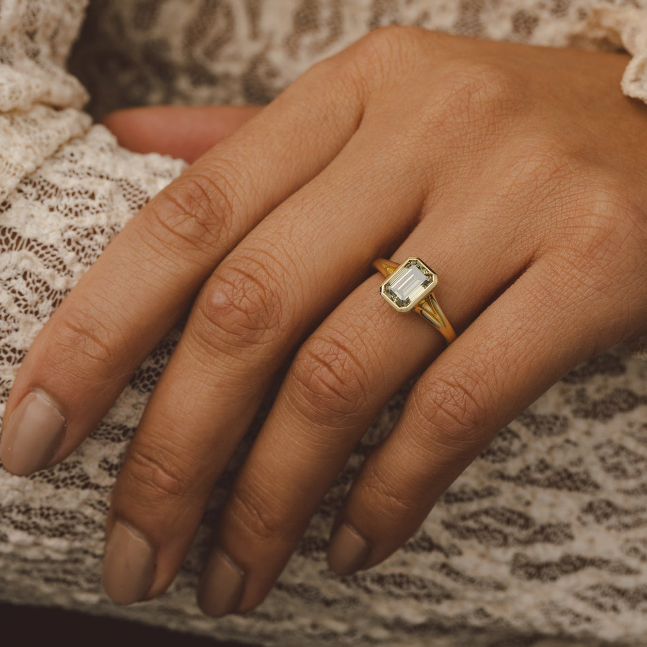 Split Shank Green Emerald Lab Grown Diamond Bezel Engagement Ring