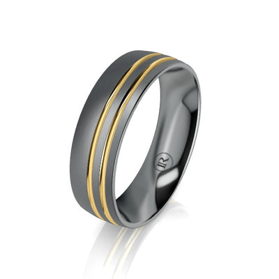 The Ludlow Tantalum & Yellow Gold Offset Grooved Wedding Ring