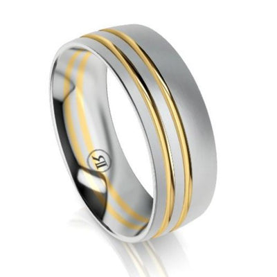 The Ludlow White Gold & Yellow Gold Offset Grooved Wedding Ring