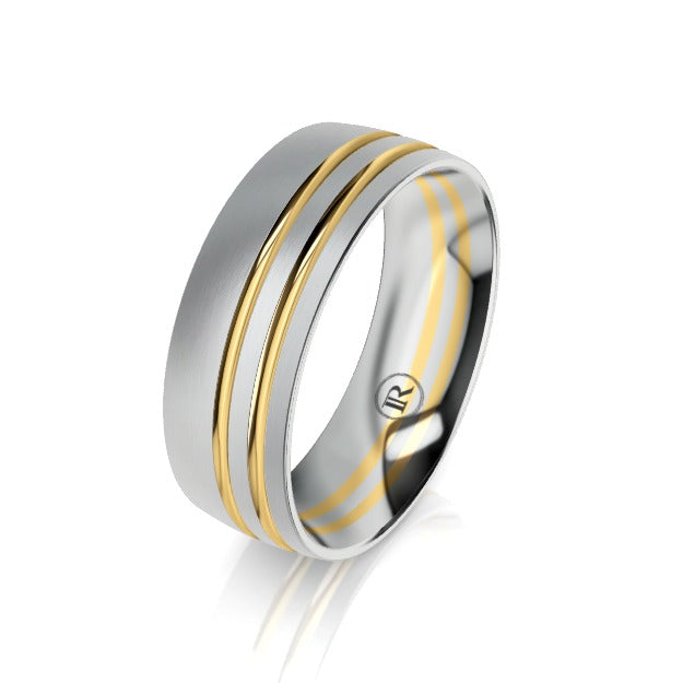 The Ludlow White Gold & Yellow Gold Offset Grooved Wedding Ring