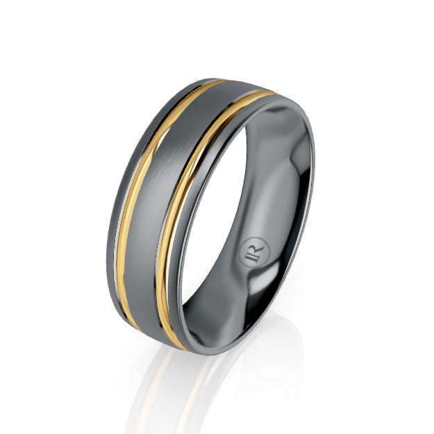 Tantalum and Gold Dual Grooved Edge Mens Wedding Ring