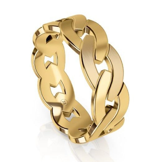 Chain Link Alternating Brushed and Polished Gold Mens Ring