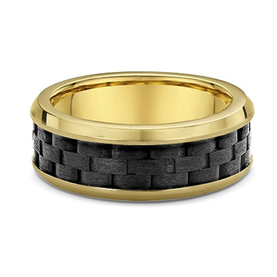 Bevelled Edge Yellow Gold and Weave Texture Carbon Fibre Wedding Ring - 597B00