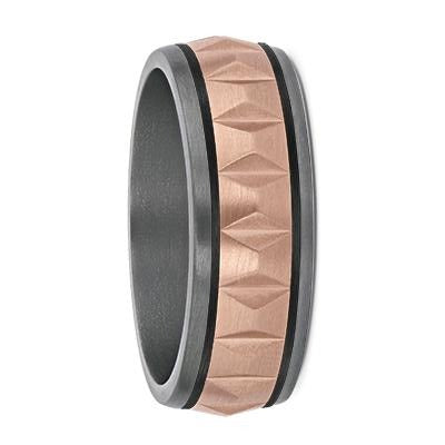 Tantalum with Carbon Fibre & Rose Gold Raised Accents Wedding Ring