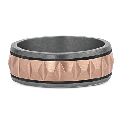 Tantalum with Carbon Fibre & Rose Gold Raised Accents Wedding Ring