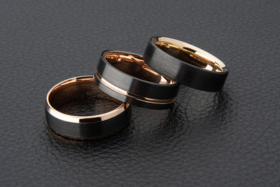 The Lewis Black Zirconium & Gold Inner Sleeve and Striped Comfort Fit Wedding Ring