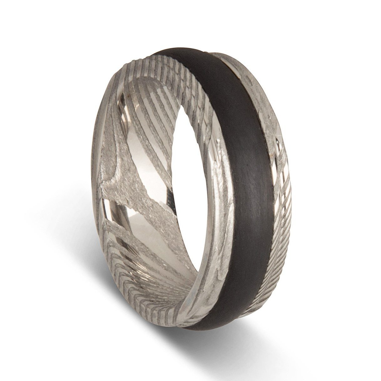 Custom Damascus Steel & Narrow Carbon Fibre Mens Ring