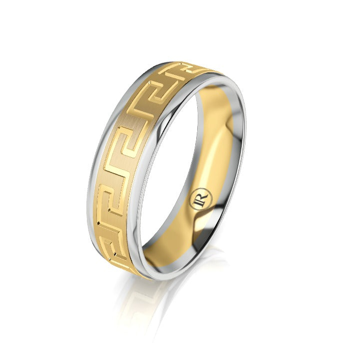 The Tybalt Yellow and White Gold Edge Greek Key Wedding Ring