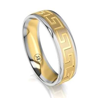 The Tybalt Yellow and White Gold Edge Greek Key Wedding Ring