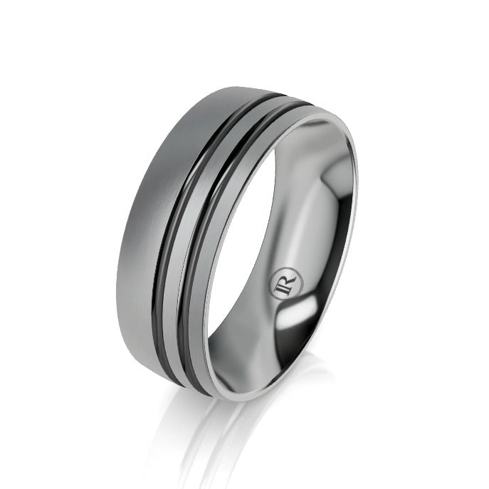 Offset Dual Grooved Black and Grey Zirconium Wedding Ring - Comfort Fit
