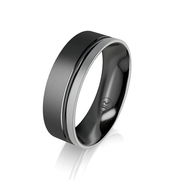 Grey Zirconium Grooved and Black Zirconium Edged Wedding Ring - Comfort Fit