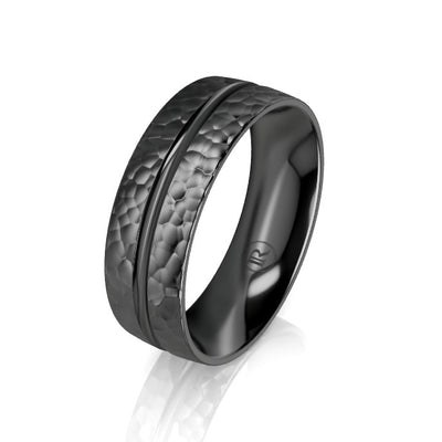 Black Zirconium Hammered Grooved Wedding Ring - Comfort Fit (IN1379)