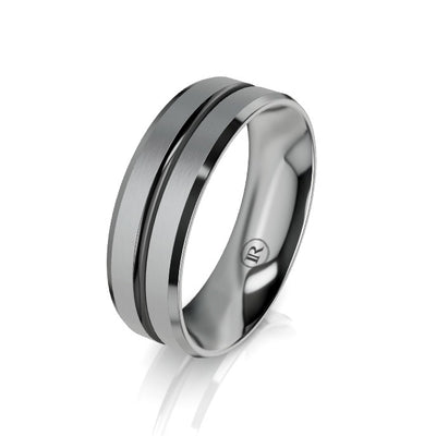 The Grey Zirconium and Black Zirconium Grooved Bevelled Edge Wedding Ring - Comfort Fit (IN1383)