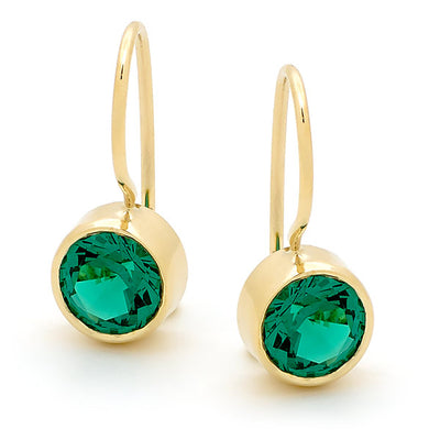 Synthetic Emerald Bezel Set Shepherd Hook Earrings