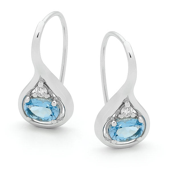 Blue Topaz & Diamond Claw Set Shepherd Hook Earrings