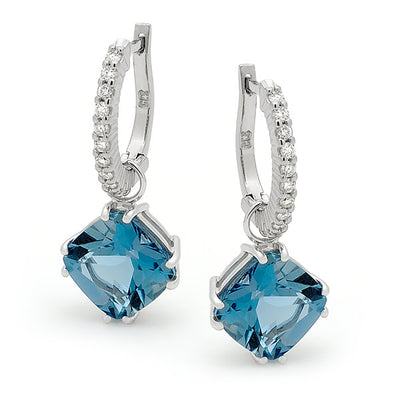 London Blue Topaz & Diamond Claw Set Huggie Earrings