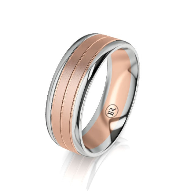 The Theodore White and Rose Gold Dual Grooved Mens Wedding Ring by Infinity